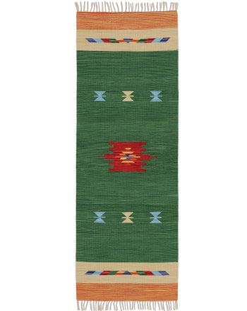 Tapis tissé à plat Kilim Amal couloir Vert