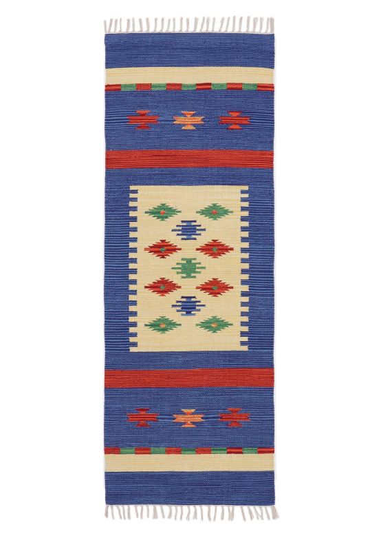 Tapis tissé à plat Kilim Shiva couloir Bleu
