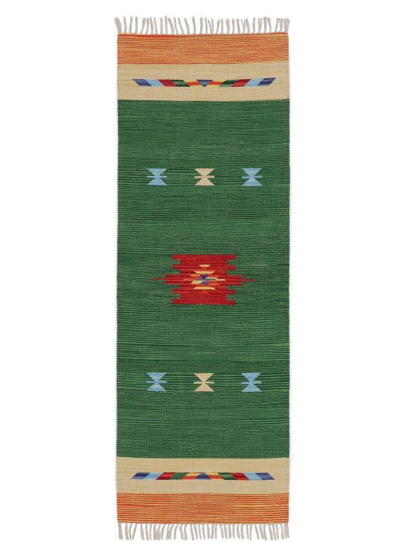 Tapis tissé à plat Kilim Amal couloir Vert